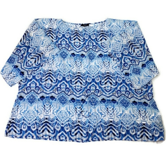 Chaps Blue White Semi Sheer Multiprint Short Dolman Sleeve Blouse Womens 3X - Picture 9 of 12